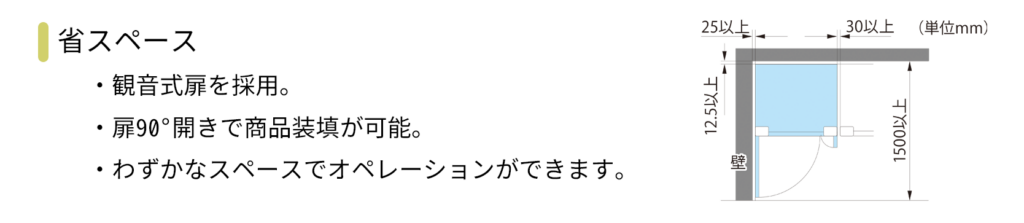 省スペース ・観音式扉を採用。 ・扉90°開きで商品装填が可能。 ・わずかなスペースでオペレーションができます。 